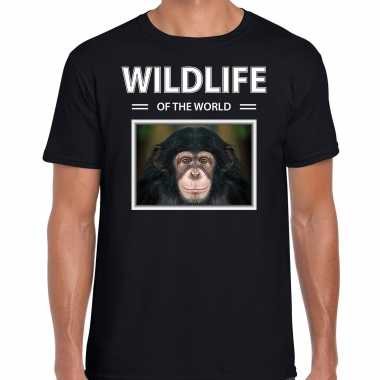 Aap foto t-shirt zwart voor heren - wildlife of the world cadeau shirt chimpansee apen liefhebber kopen