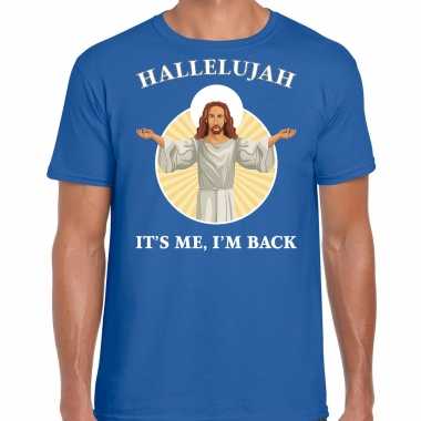 Blauw kerst shirt / kerstkleding hallelujah its me im back voor heren kopen