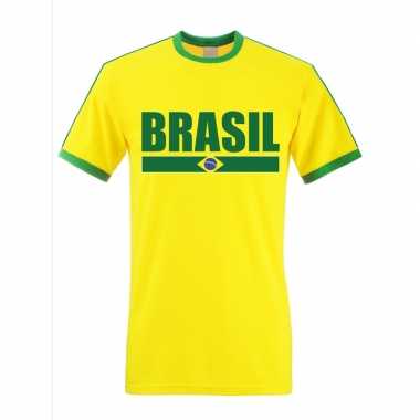 Braziliaanse supporter ringer t-shirt geel met groene randjes voor he