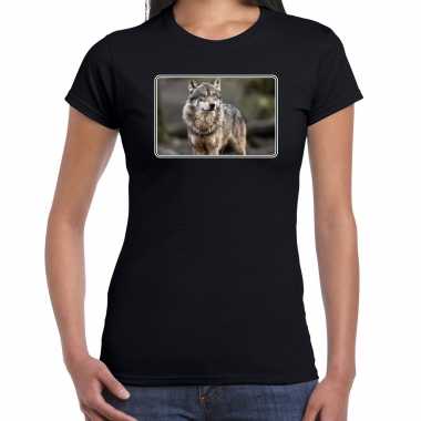Dieren t-shirt met wolven foto zwart voor dames - wolf cadeau shirt kopen