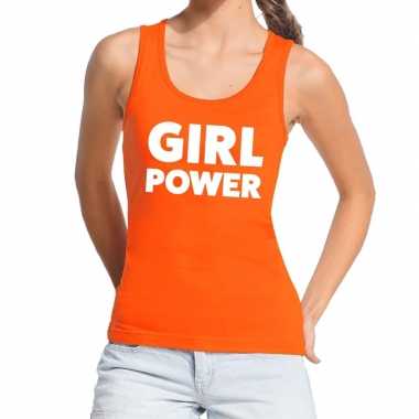 Girl power tanktop / mouwloos shirt oranje voor dames kopen