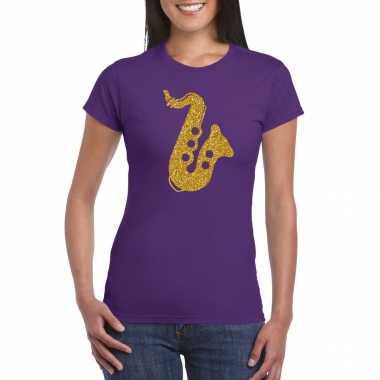 Gouden muziek saxofoon t-shirt paars voor dames - saxofonisten outfit kopen