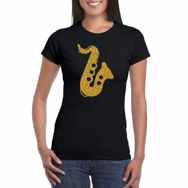 Gouden muziek saxofoon t-shirt zwart voor dames - saxofonisten outfit kopen