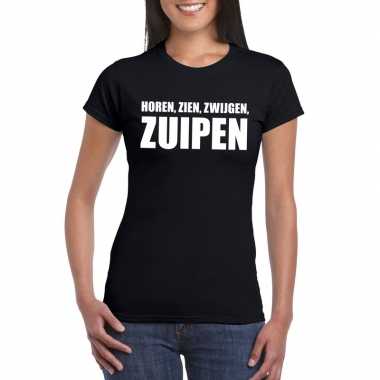 Horen zien zwijgen zuipen fun t-shirt voor dames zwart kopen