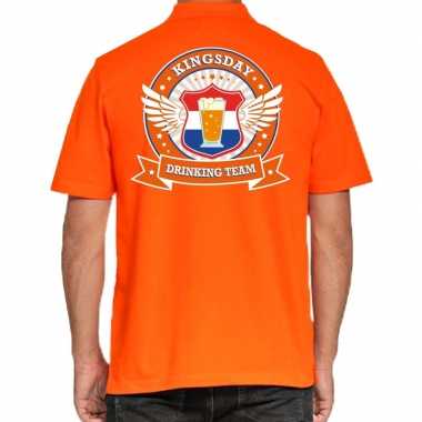 Kingsday drinking team polo t-shirt oranje met kroon voor heren kopen