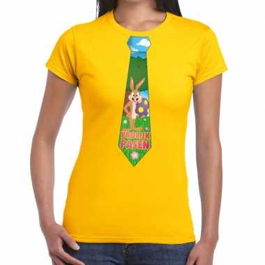 Pasen shirt geel met paashaas stropdas voor dames kopen