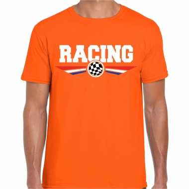 Racing / autosport supporter t-shirt met finish vlag en nederlandse kleuren oranje voor heren kopen