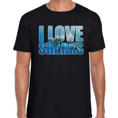 Tekst shirt i love sharks foto zwart voor heren - cadeau t-shirt haaien liefhebber kopen