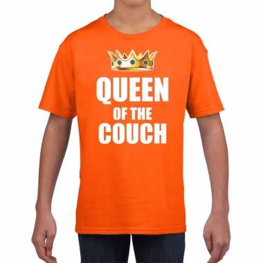 Woningsdag queen of the couch t-shirts voor thuisblijvers tijdens koningsdag oranje meisjes / kinderen kopen