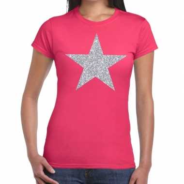 Zilveren ster glitter fun t-shirt roze voor dames kopen