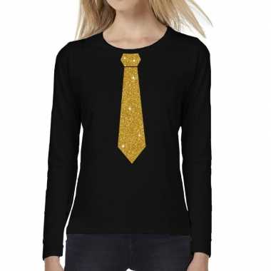 Zwart long sleeve t-shirt zwart met gouden glitter stropdas bedrukkin