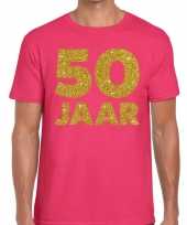 50 jaar fun jubileum t-shirt roze met goud voor heren kopen