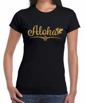 Aloha gouden letters fun t-shirt zwart voor dames kopen