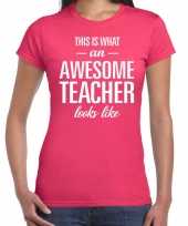 Awesome teacher cadeau juffendag t-shirt roze voor dames kopen