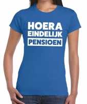 Blauw hoera eindelijk pensioen fun t-shirt dames kopen