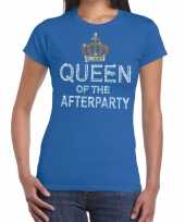 Blauw queen of the afterparty glitter steentjes t-shirt dames kopen
