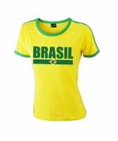 Braziliaanse supporter ringer t-shirt geel met groene randjes voor dames kopen