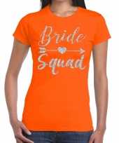 Bride squad zilveren letters fun t-shirt oranje voor dames kopen