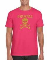 Carnaval foute party piraten t-shirt kostuum roze heren met gouden glitter bedrukking kopen