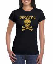 Carnaval foute party piraten t-shirt kostuum zwart dames met gouden glitter bedrukking kopen