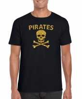 Carnaval foute party piraten t-shirt kostuum zwart heren met gouden glitter bedrukking kopen