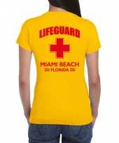 Carnaval reddingsbrigade lifeguard miami beach florida t-shirt geel achter bedrukking dames kopen