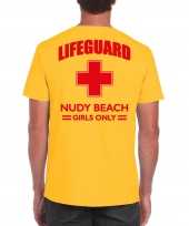 Carnaval reddingsbrigade lifeguard nudy beach girls only t-shirt geel achter bedrukking heren kopen