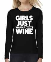 Dames fun text t-shirt long sleeve girls just wanna have wine zwart kopen