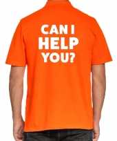 Evenementen polo shirt oranje met can i help you bedrukking heren kopen