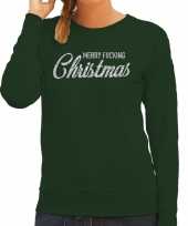 Foute kerstborrel trui kersttrui merry fucking christmas glitter zilver op groen dames kopen
