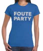 Foute party zilveren letters fun t-shirt blauw voor dames kopen
