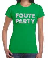 Foute party zilveren letters fun t-shirt groen voor dames kopen