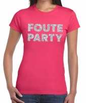 Foute party zilveren letters fun t-shirt roze voor dames kopen