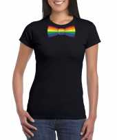 Gay pride shirt met regenboog vlinderstrikje zwart dames kopen
