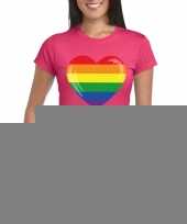Gay pride t-shirt regenboog vlag in hart roze dames kopen
