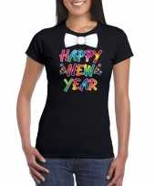 Gekleurde happy new year met strikje t-shirt zwart voor dames kopen