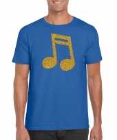 Gouden muziek noot t-shirt blauw voor heren kopen