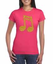 Gouden muziek noot t-shirt roze voor dames kopen
