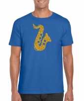 Gouden muziek saxofoon t-shirt blauw voor heren outfit voor saxofonisten kopen