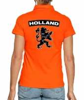 Koningsdag polo t-shirt oranje holland met grote zwarte leeuw voor dames kopen