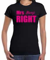Mrs always right t-shirt zwart met roze tekst voor dames kopen