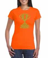 Nr 1 gouden winnaars beker t-shirt oranje voor dames kopen