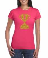 Nr 1 gouden winnaars beker t-shirt roze voor dames kopen