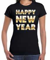 Oud en nieuw happy new year tekst t-shirt zwart voor dames kopen