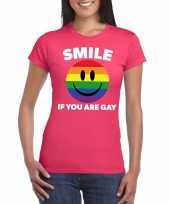 Regenboog emoticon smile if you are gay shirt roze dames kopen