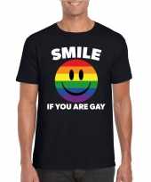 Regenboog emoticon smile if you are gay shirt zwart heren kopen