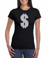 Verkleedkleding gangster zilveren dollar t-shirt zwart voor dames kopen