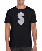Verkleedkleding gangster zilveren dollar t-shirt zwart voor heren kopen