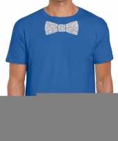 Vlinderdas t-shirt blauw met zilveren glitter strikje heren kopen