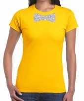 Vlinderdas t-shirt geel met zilveren glitter strikje dames kopen